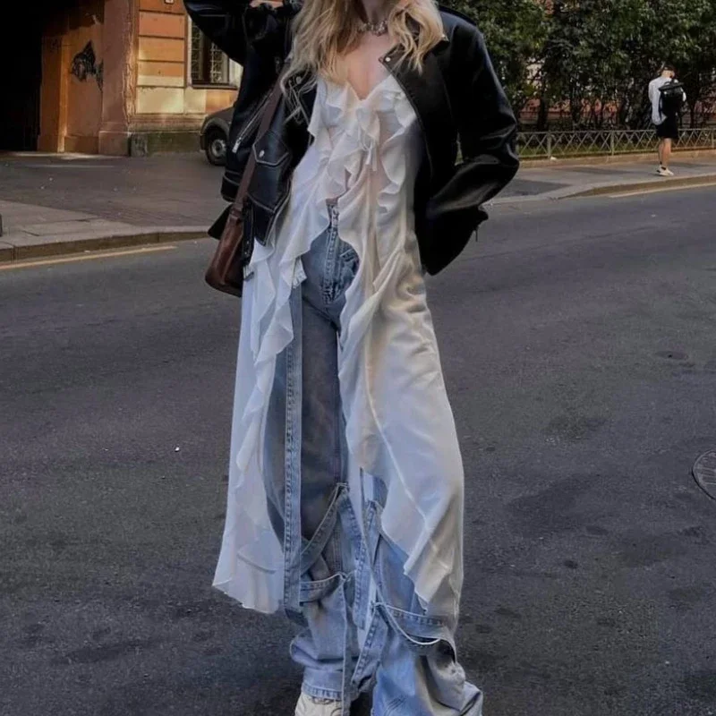 

2026 Summer Women's Solid Color Camisole with Ruffle Edges Irregular Chiffon Lace up Long Top