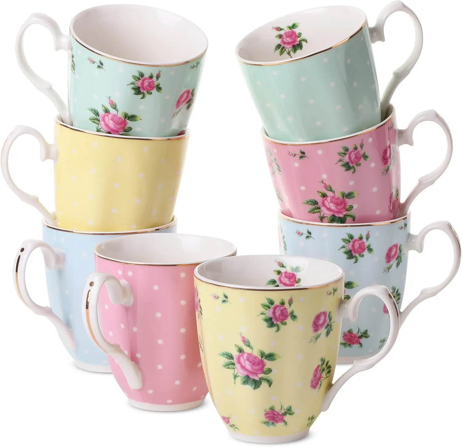 

Royal Porcelain Coffee Mugs Set of 8, 12 oz Large Tea Cups with Gold Trim, Elegant Bone China for Home & Gifts