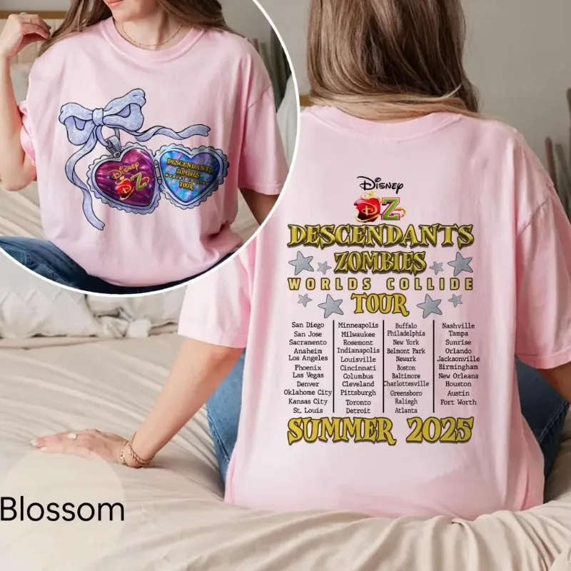 تي شيرت Descendants Zombies Worlds Collide Tour Disney للسيدات من القطن الخالص كاجوال عصري للشارع