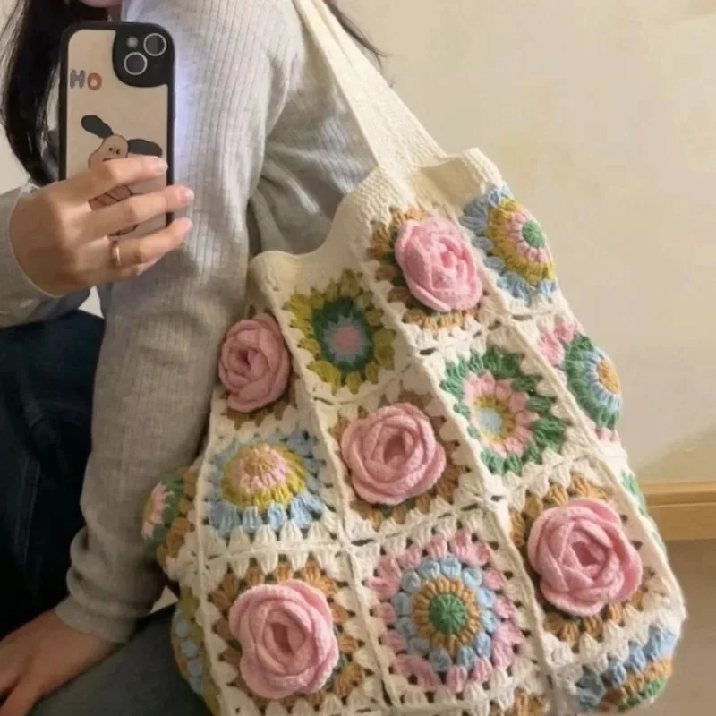 

DIY Materials Package Crochet Knitting Supplies Camellia Grandmother Checker Shoulder Bag Handmade Yarn Weave Friend Girlfriend
