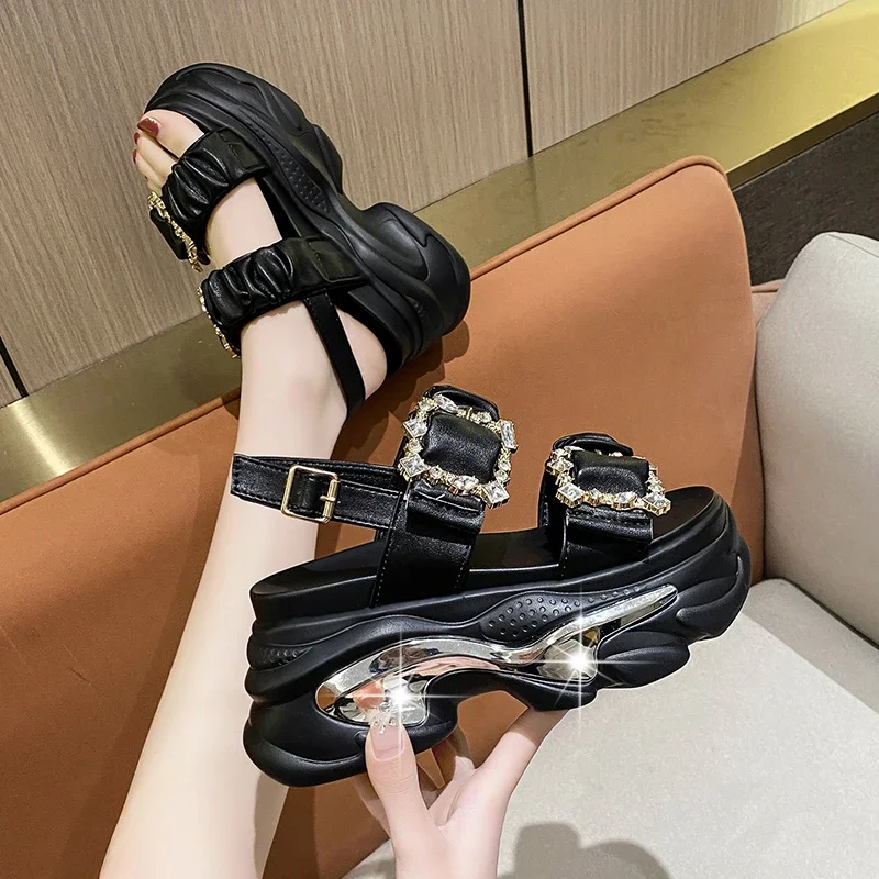 Frauen Sommer Plattform Bling Sandalen atmungsaktive Keile 9cm High Heels Damen Kristall Strand Hausschuhe klobige Schuhe Sandal ias Mujer