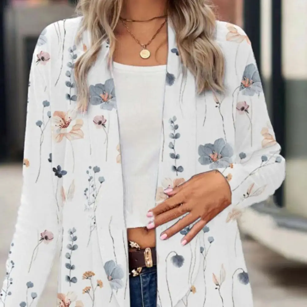 Women Spring Autumn Cardigan Coat Long Sleeve Collarless Mid-length Coat Irregular Hem Open Front Floral Print Outerwear