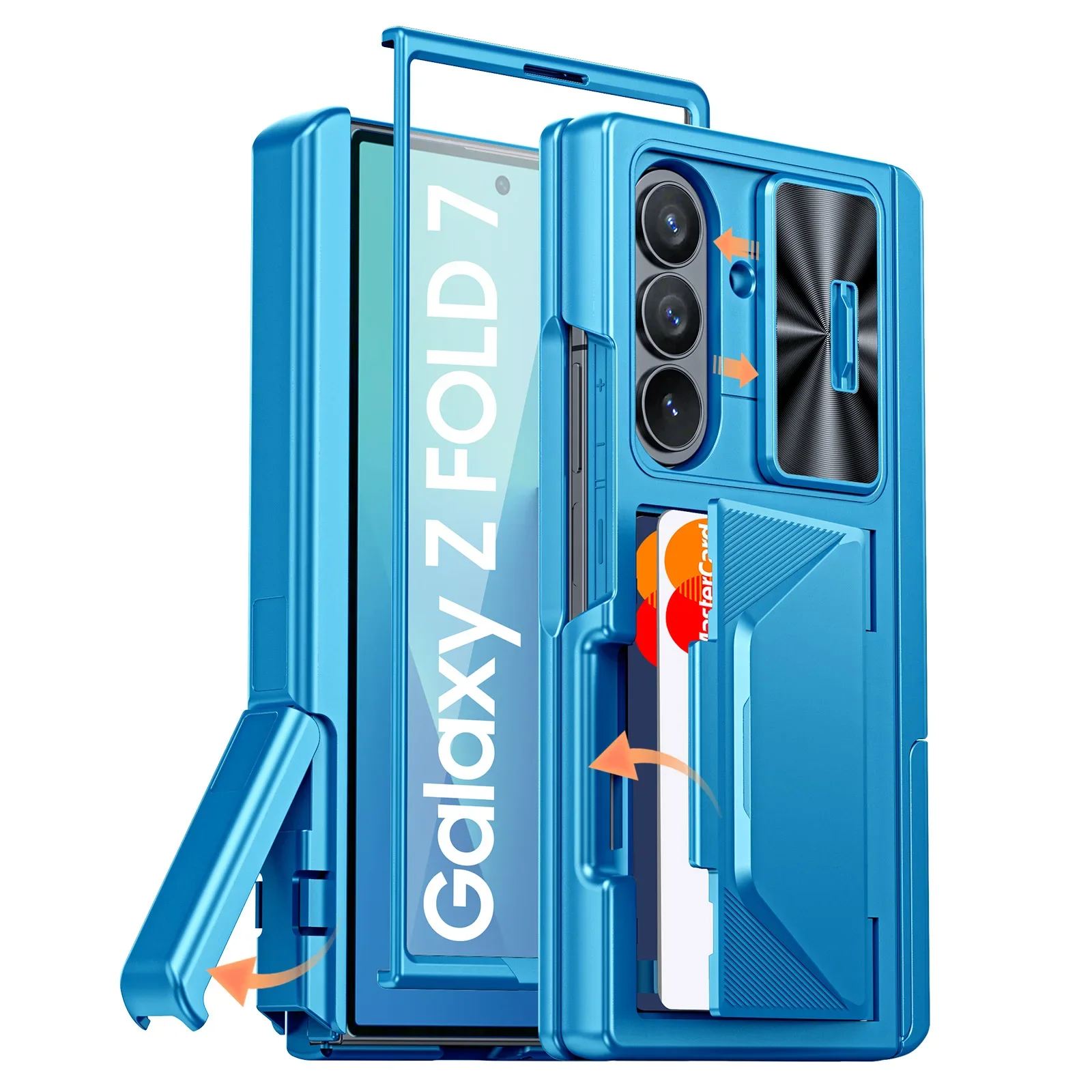 

for Samsung Z Fold 7 Phone Case,with Hidden bracket,RFID Cards Holder,Hinge protection,Camera Cover,Shockproof Case-Light Blue
