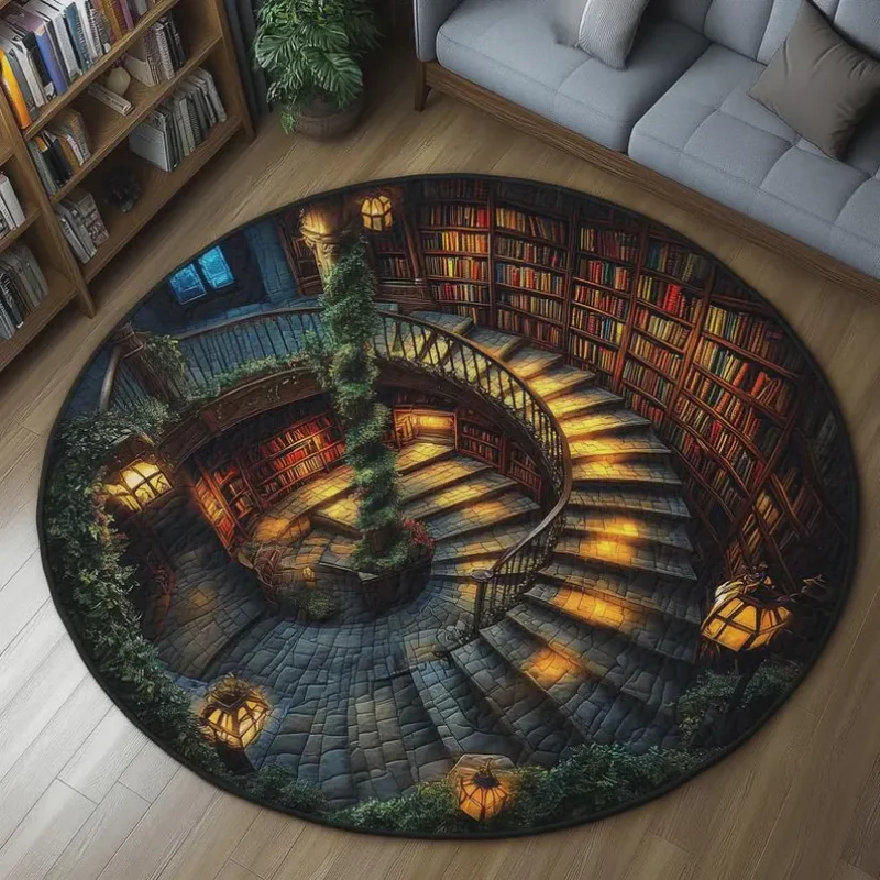 Round Library Spiral Stair Illusion Rug Soft Vintage Book Tower Lamp Green Plant Pattern Decor Carpet For Living Room Bedroom