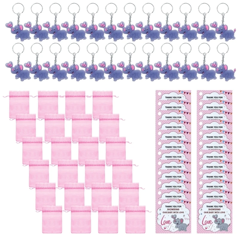 

24 Sets Baby Shower Return Including Elephant Keychains Organza Bag and Thank You Card Party Guests Kids Gift