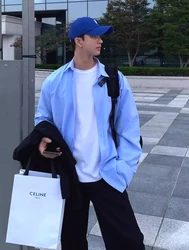 아메리칸 레트로 블루 남성 셔츠 루즈핏 긴팔 캐주얼 워크웨어 자외선 차단 무지 다용도 트렌디 버튼업 탑