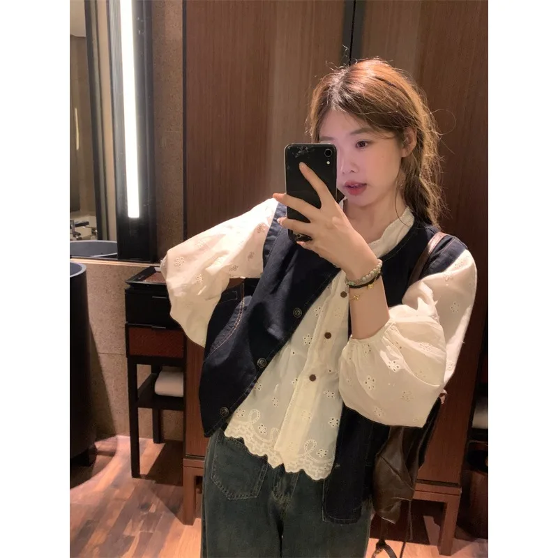 2024 Early Autumn Two Piece Women's Set New Retro Round Neck Loose Cowboy Vest with Embroidered Doll Shirt Two Piece for Women