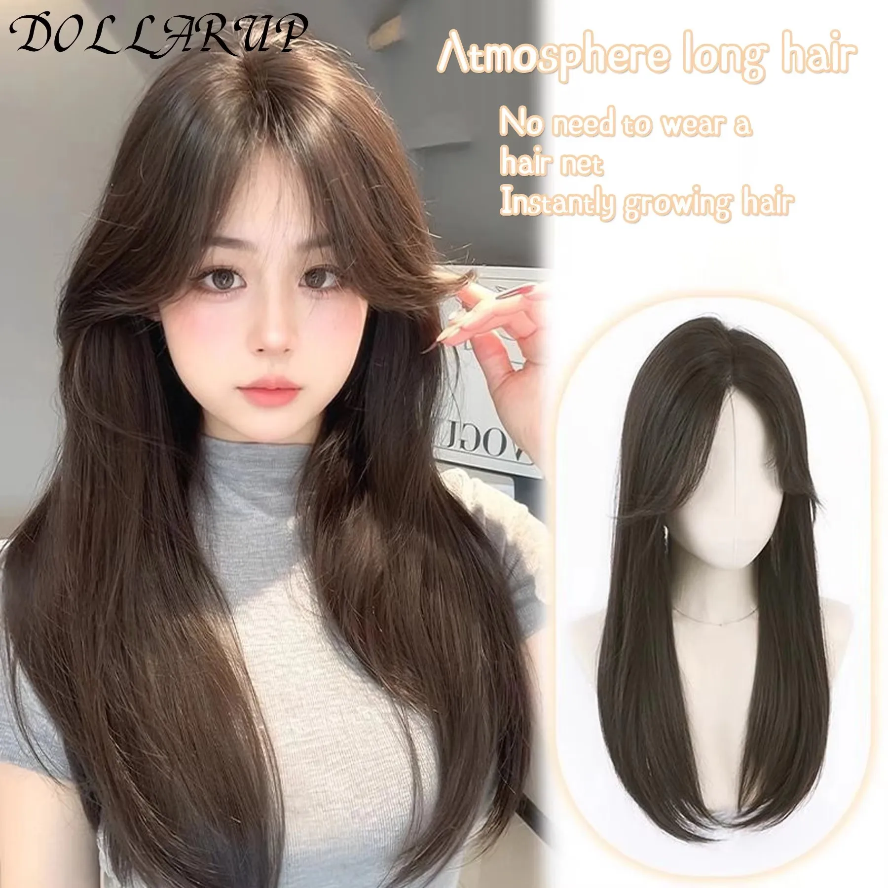 JKL الشعر القبعات العالية للنساء 21.5 ''شعر علوي مستقيم مع الانفجارات لتخفيف الشعر قطع الشعر الاصطناعية الانفجارات الشعر التمديد #2