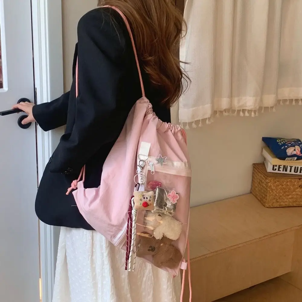 

Transparent Pocket Drawstring Backpack Lightweight Handheld Bag Korean Style Itabag Fashion Design Large Capacity Shoulder Bag