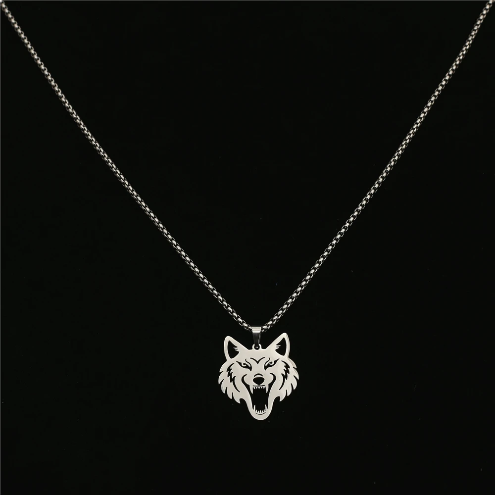 Stainless Steel Chain Wolf Head Tree Pendant Necklace Men Choker Women Gift Male Jewelry