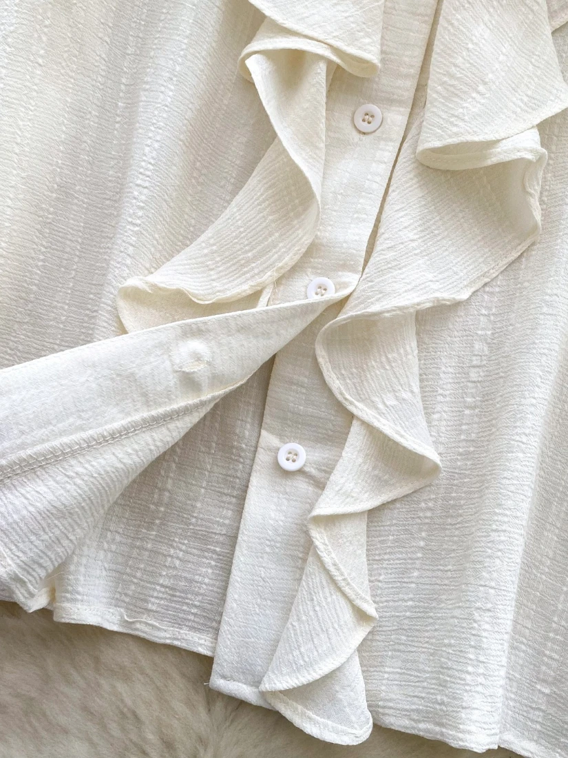 Foamlina Spring Autumn Women's White Shirt French Elegant Ruffles V Neck Long Sleeve Single Breasted Loose Shirt Vintage Blouse