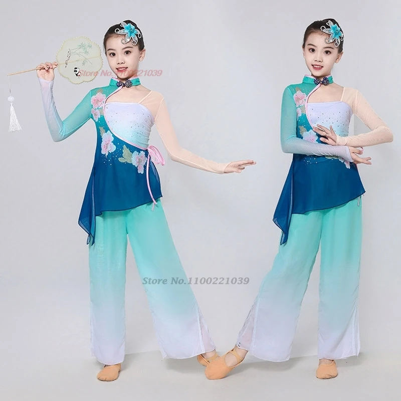 

2026 traditional chinese children dance costume vintage flower print mesh qipao tops+pants set stage performance folk dress