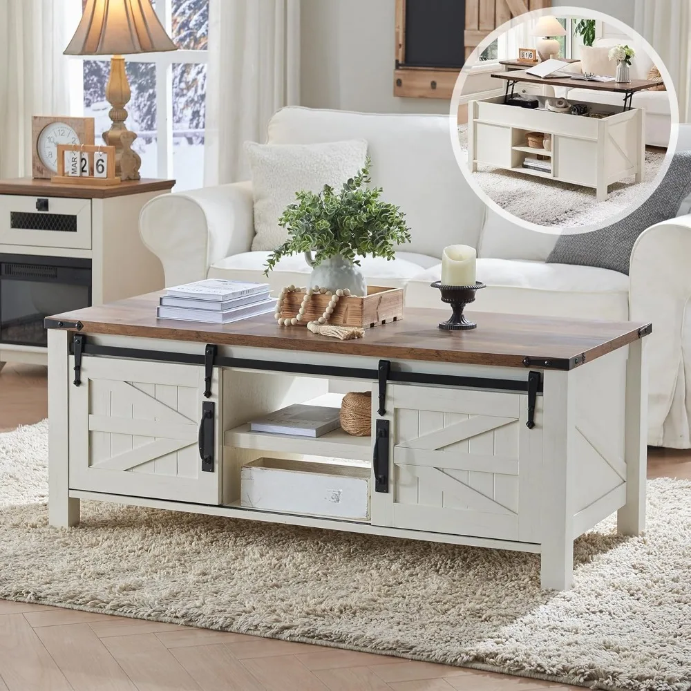 

48" Farmhouse Lift Top Coffee Table with Sliding Barn Door,Rustic Center Table with Hidden Storage Compartment