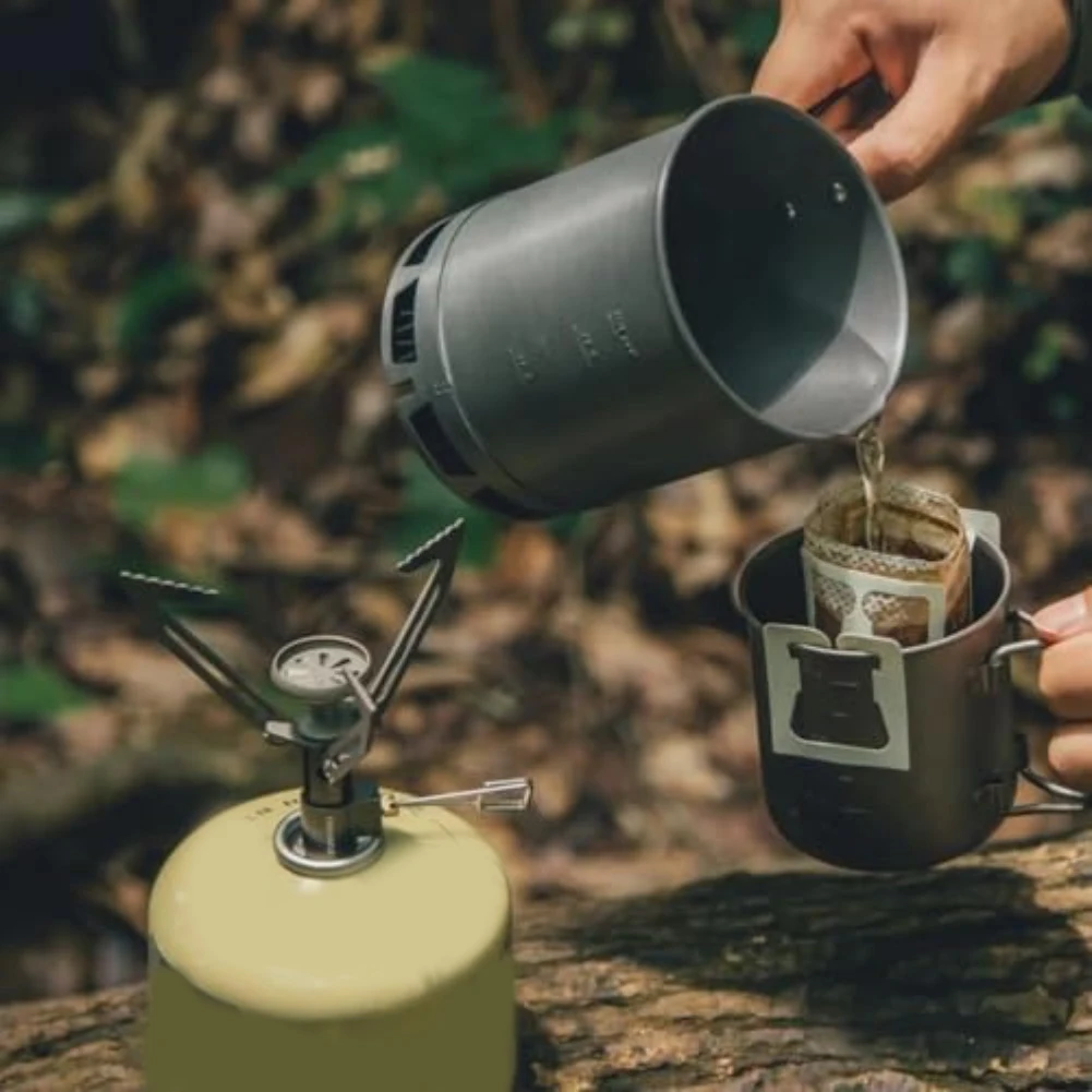 مجموعة أواني طهي للتخييم مقاومة للرياح مع حامل من الفولاذ المقاوم للصدأ وعاء متكامل للمشي لمسافات طويلة في الهواء الطلق وحقيبة الظهر والتخييم والسفر