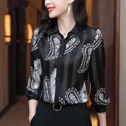 Vintage Striped Paisley Printed Blouse 2023 Spring Casual Long Sleeve Women's Clothing Commute Polo-Neck Single-breasted Shirt