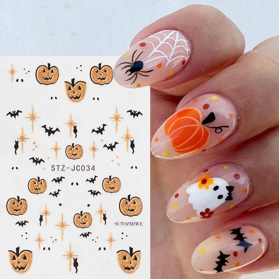 2 pcs 3D Shiny Pumpkin Lantern Ghost Nail Stickers Cartoon Mysterious Bat Black Cat Nail Decals Halloween DIY Nail Art Design