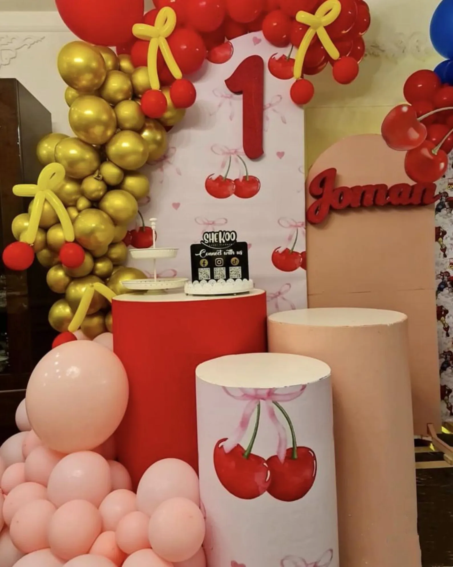 Mehofond مخصص 2-الجانب الكرز الأحمر قوس التوت الأول الاطفال حفلة عيد ميلاد استحمام الطفل يغطي كيارا قوس جدار ديكور خلفية الصورة