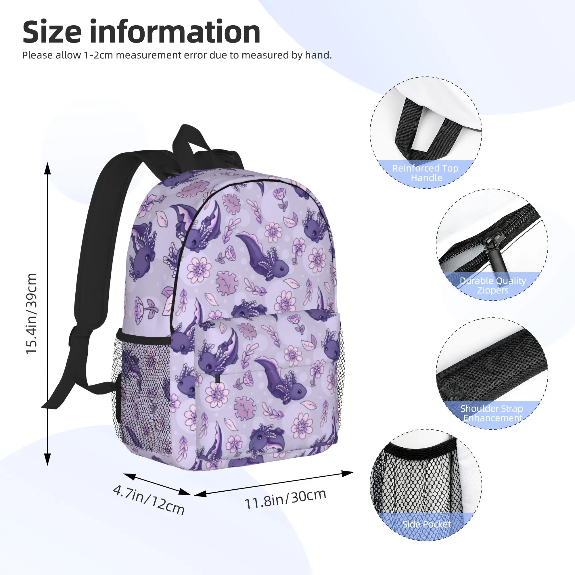 Cute Cartoon Axolotl And Floral Pattern Backpack Hot Sale Daypack Boys Girls BookBag Shoulder Bags for Men Women School Bag