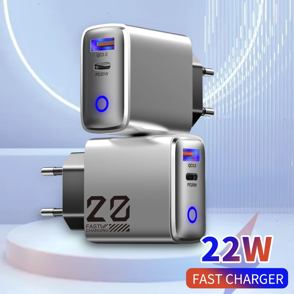 20W USB C/Type-C Charger PD QC3.0 Dual Port Fast Wall Adapter for iPhone 15 14 13 Samsung Galaxy Xiaomi EU US Plug Travel