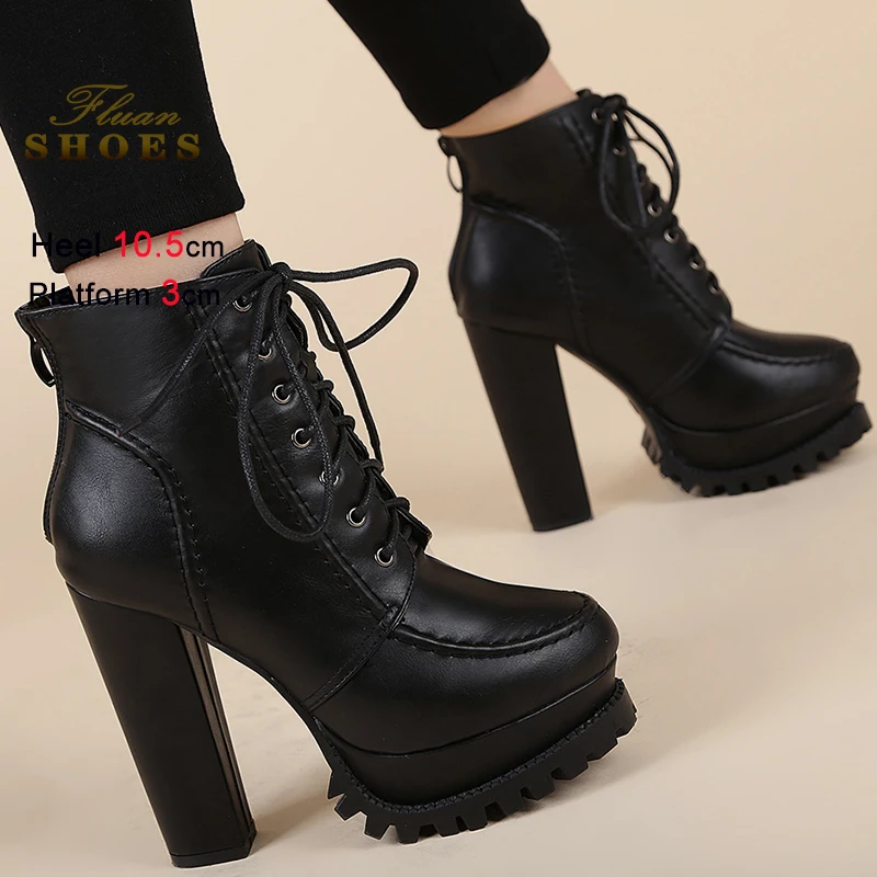 

Новинка 2025 года, черные женские рыцарские ботинки, ботильоны на шнуровке, женские ботинки на высоком каблуке и платформе с молнией сзади, короткие ботинки на толстом каблуке, размер 39