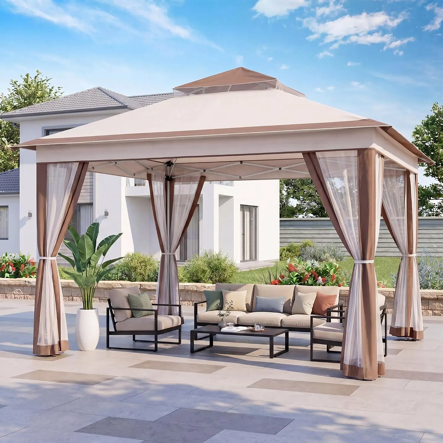 11x11 Pop Up Gazebo Canopy Tent with Mosquito Netting, Grey, Customized