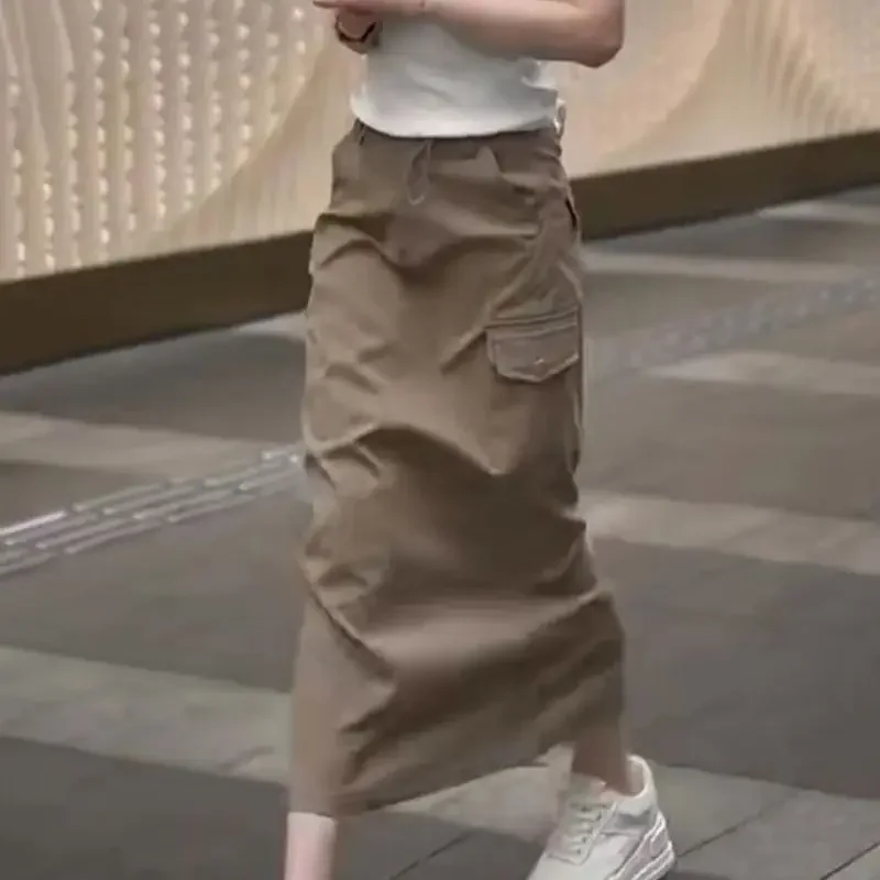 New Casual Khaki Cargo Skirt Women Fashion Summer High Waist Pocket A-Line Casual Midi Skirts Y2K Solid Color Jupe