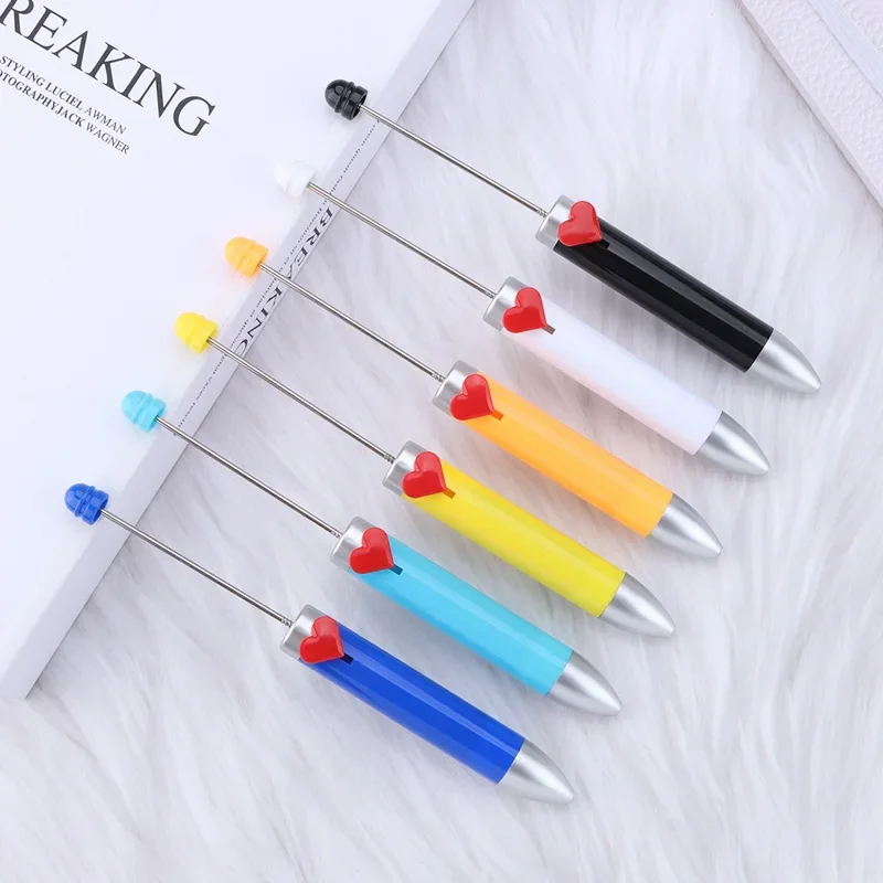 12pcs DIY Beaded Pen Heart Beadable Pens Free Logo Student Office 7-color Ballpoint Pen Set Beads Cartoon Pens for Writing