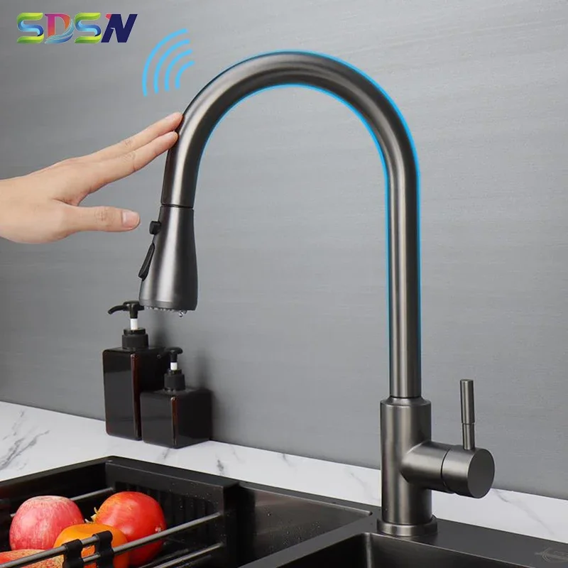 Grey Touch Kitchen Faucets Hot Cold Kitchen Sink Mixer Tap with Pull Down Sprayer Smart Sensor Touch Kitchen Mixer Faucet