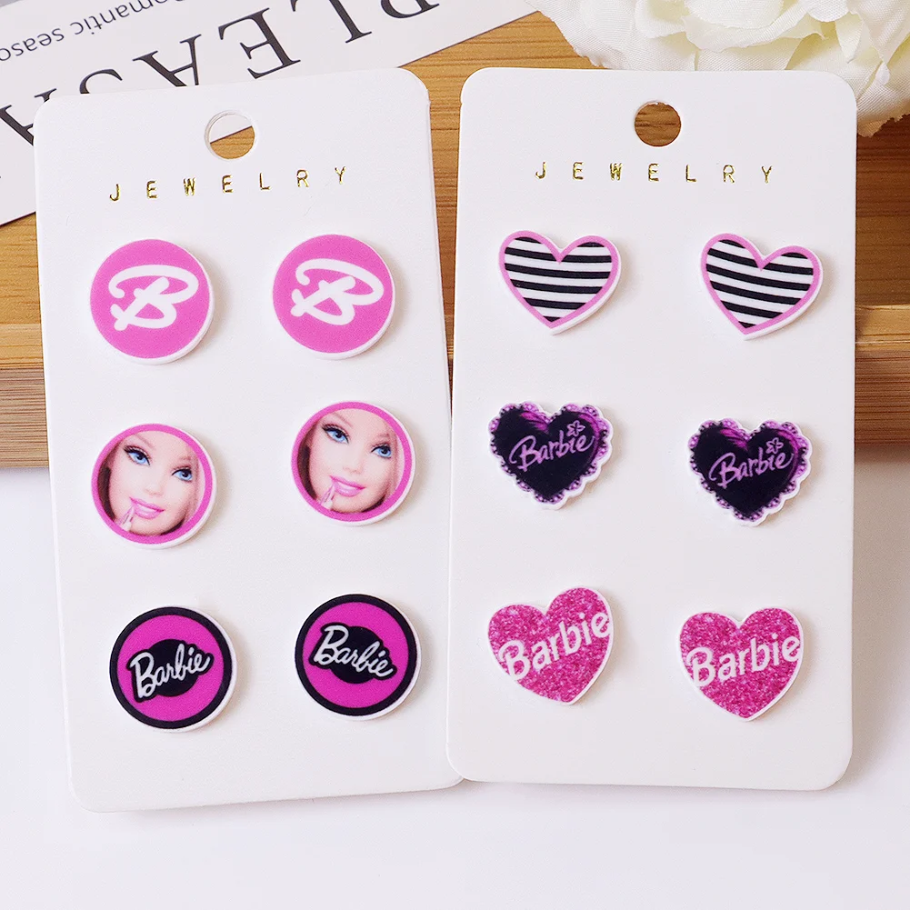 6 Pairs Set Barbie Pattern Earring Resin Planar Dangle Earrings Flat Back Ear Stud For Decoration Gift Party Kids