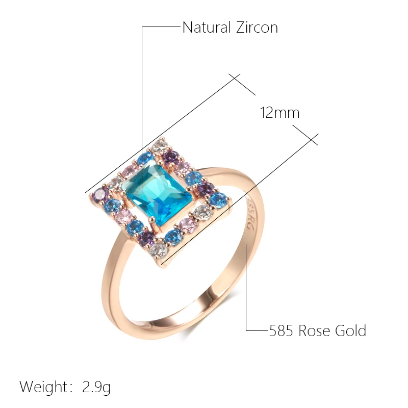 Kienl New 585 Rose Gold Color Square Ring for Women Blue Natural Zircon Ethnic Bridal Rings High Quality Daily Jewelry Gifts