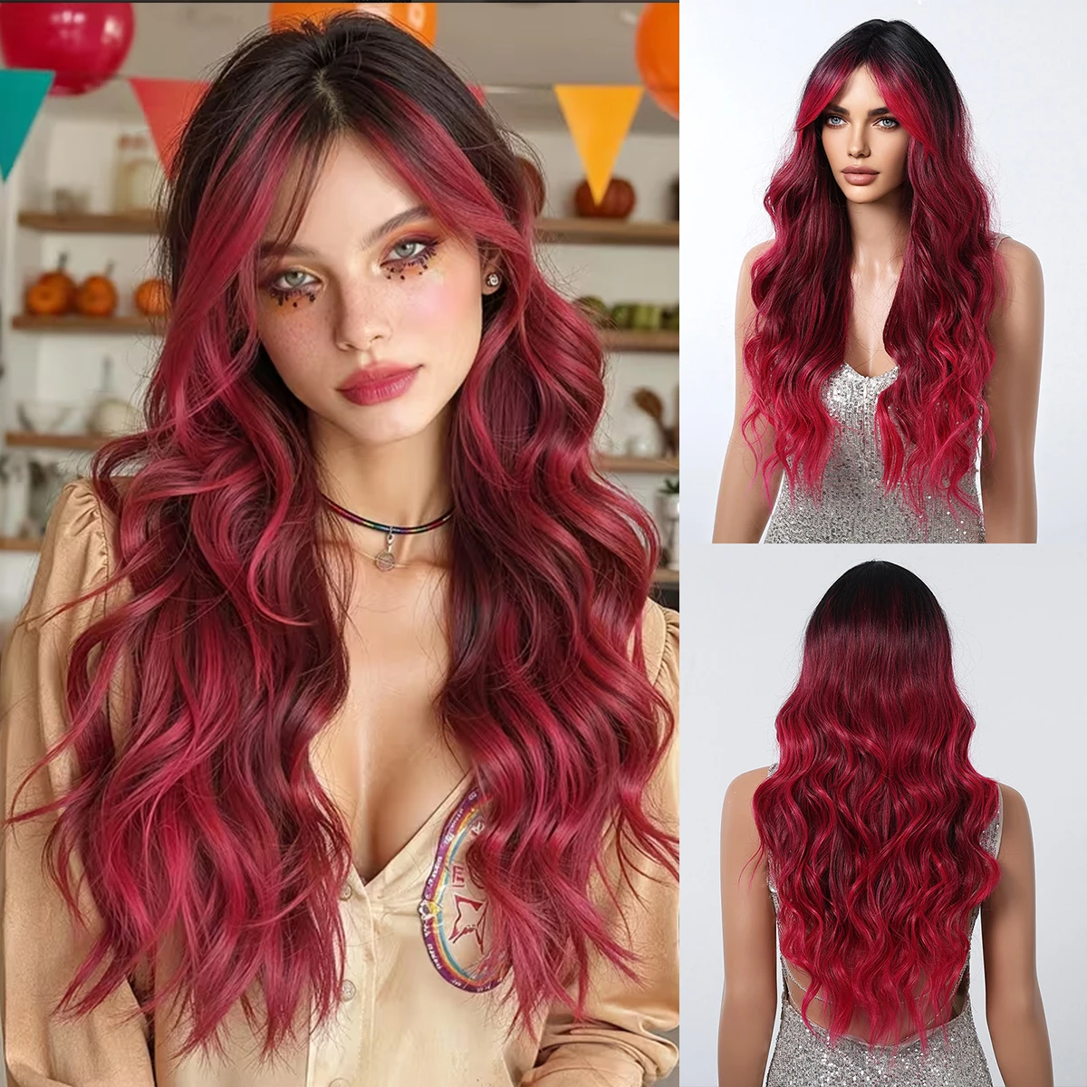 

Black to Red Ombre Synthetic Wigs Long Wavy Wine Red Cosplay Hair Wigs For Women With Bangs Colorful Wigs Party Heat Resistant