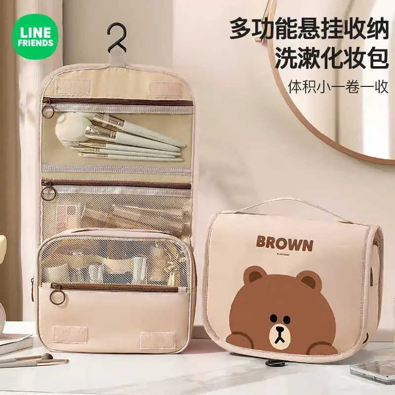 Brown Female Portable Large Capacity Cosmetic Bag Line Friends New Folding Travel Multi Functional Hanging Toiletry Storage Bag