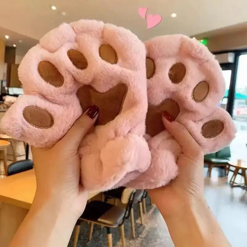 Winter warm Plush Mittens Lovely Cat Claw Plaw Gloves Short Fingerless Fluffy Bear Claw Mittens or Girls  Half Finger Gloves