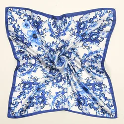Hot Sale Satin Silk Square Scarf Hijabs Blue And White Blendent Printed Muslim Hijab Bandana Soft Head Scarf Female Headband