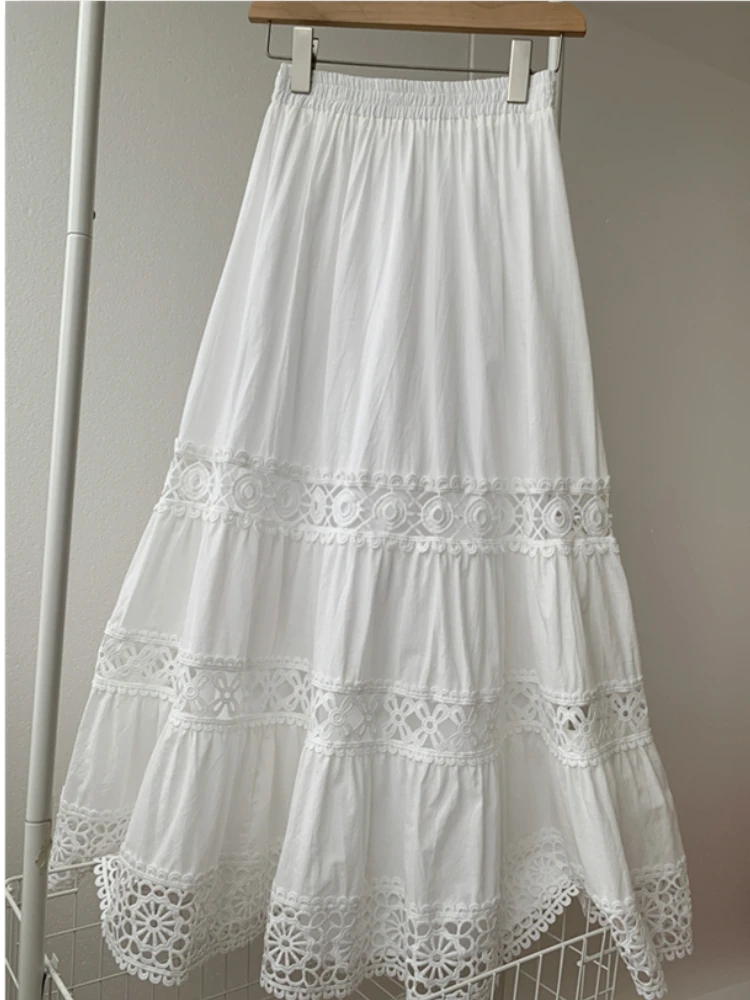 Boho oeillet dentelle broderie ourlet jupe longue d'inspiration vintage été a-ligne jupe à plusieurs niveaux avec taille élastique vacances à la plage