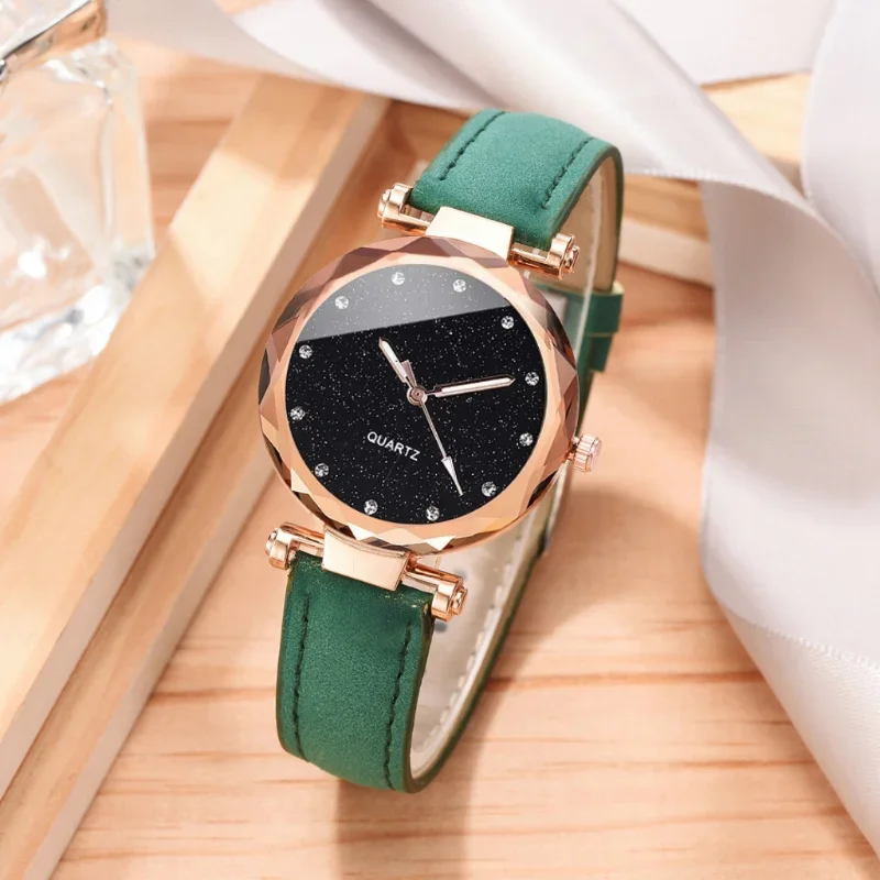 2pcs Luxury Fashion Women Watch Set PU Leather Strap Ladies Quartz Wristwatch Rhinestone RoseGold Alloy Bracelet For Ladies Gift