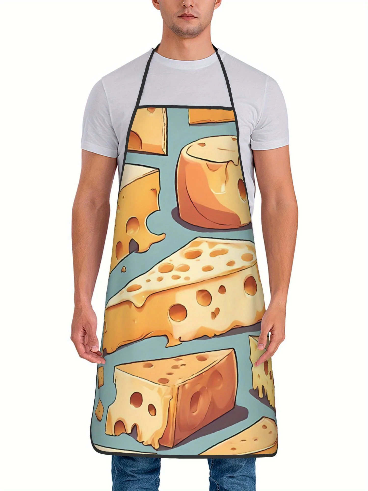 Cheese Slices Print Apron, Cartoon Dairy Graphic Cooking Bib, Retro Food Kitchen Decor, Gift for Cheese Lover Chef