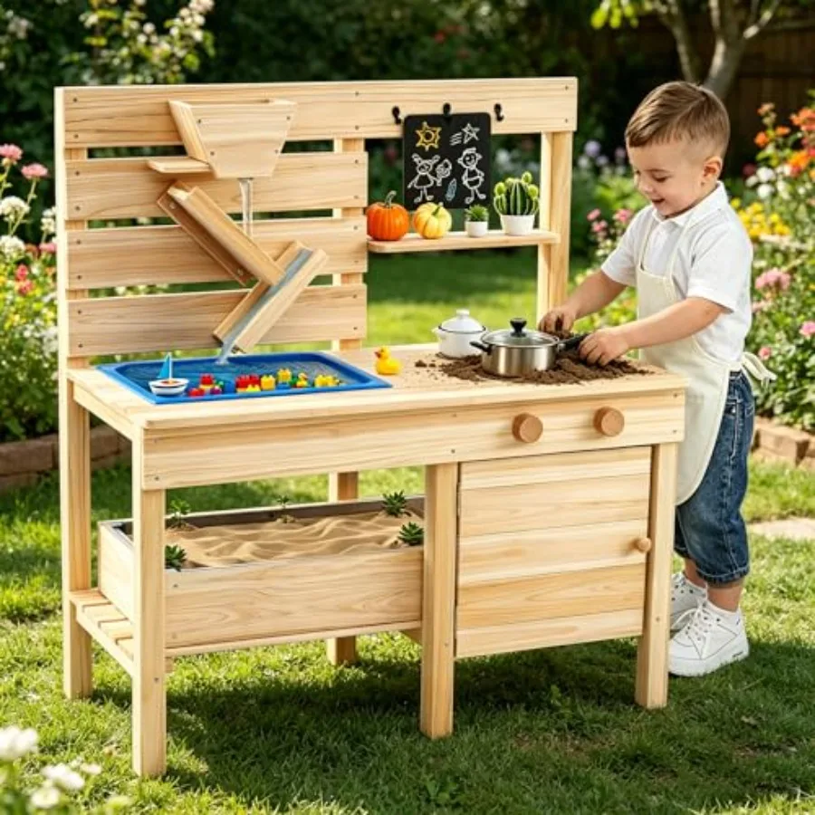 

Outdoor mud kitchen for kids aged 3-8: natural wood construction, rustic brown finish, detachable sandbox, functional stoves an