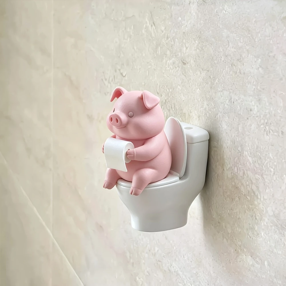 Funny Piggy Toilet Sculpture Dual Use Wall & Desktop Ornament Cute Bathroom Home Shelf Decoration Ideal Father's Day Present