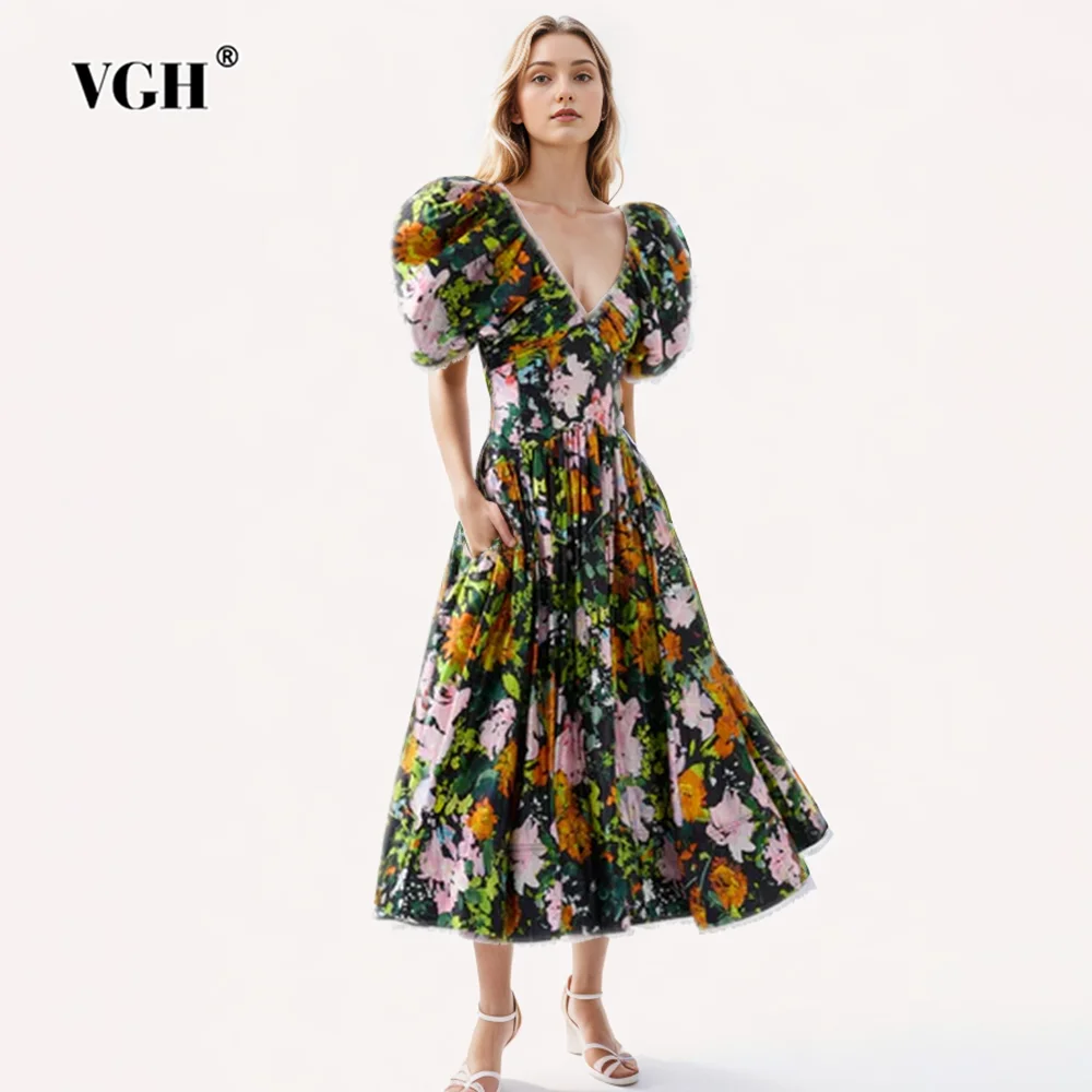 

VGH Hit Color Printing Patchwork Folds Dresses For Women V Neck Puff Sleeve Backless High Waist Temperament Long Dress Female