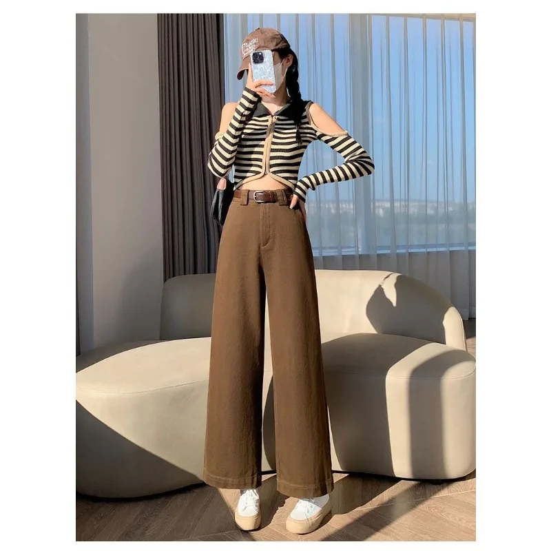 Solid Color Button Zipper High Waist Pocket Nine-point Wide Leg Pants Women's Casual Loose Straight Pants Trousers