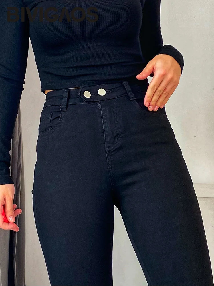 BIVIIncome OS-Jean slim à double bouton pour femme, jegging longueur rinçage, pantalon crayon décontracté, mode printemps et automne, nouveau