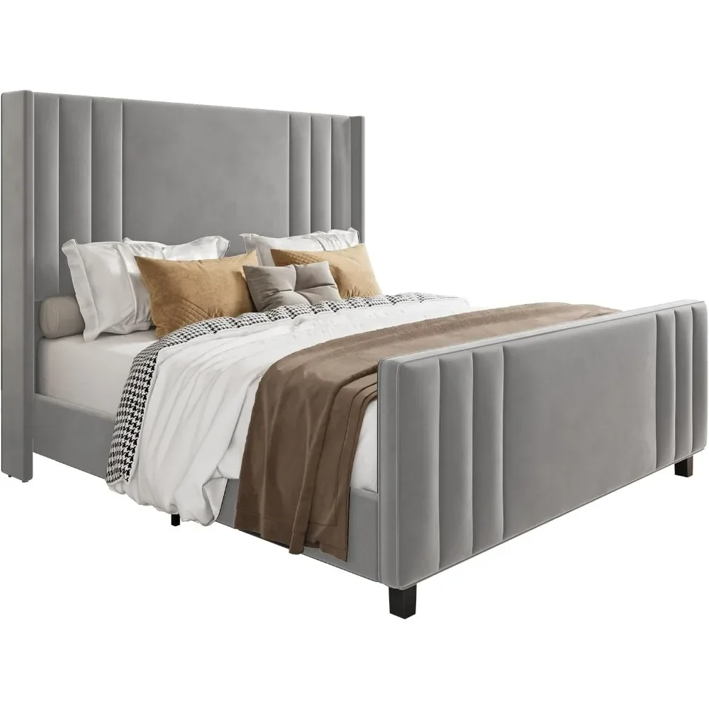 Extra large platform bed frame with vertical channels, quilted wing back headboard and footboard, premium velvet, light gray