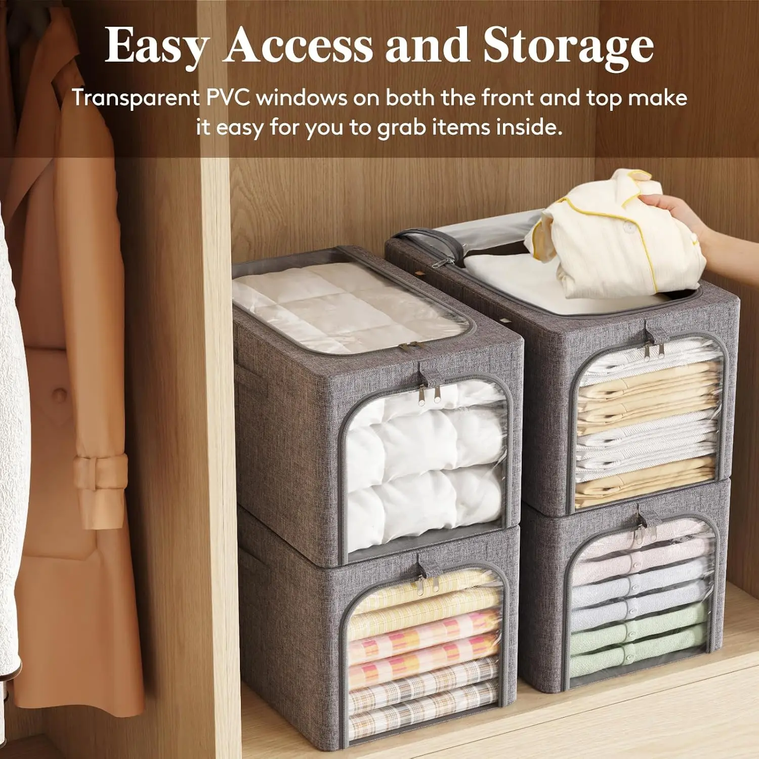 6-Pack Foldable Storage Bins with Metal Frame, Stackable Fabric Containers for Clothes and Blankets, 40L Capacity