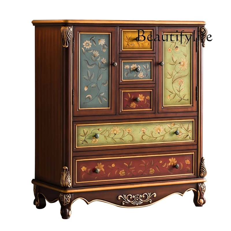 

European-style medieval solid wood dining side cabinet, simple living room with drawer storage cabinet