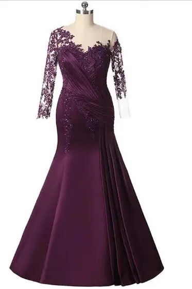 2021 Stunning Latest Purple Mermaid Lace Mother of the Bride Dresse Long Sleeve Wedding Guest Gowns Jewel Neck Beaded Sheer Back