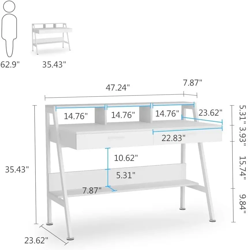 Bureau d'ordinateur avec étagère de rangement et égouts de proximité, bureau d'étude moderne de 47 pouces avec support de moniteur pour la maison