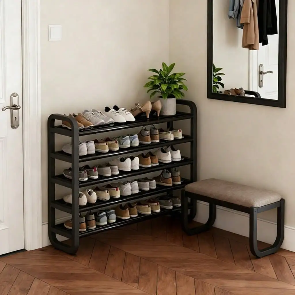 Durable 5-Tier Black Shoe Rack, Space-Saving Narrow Design, Sturdy Iron Construction (No Wood), Free-Standing Organizer for Entr