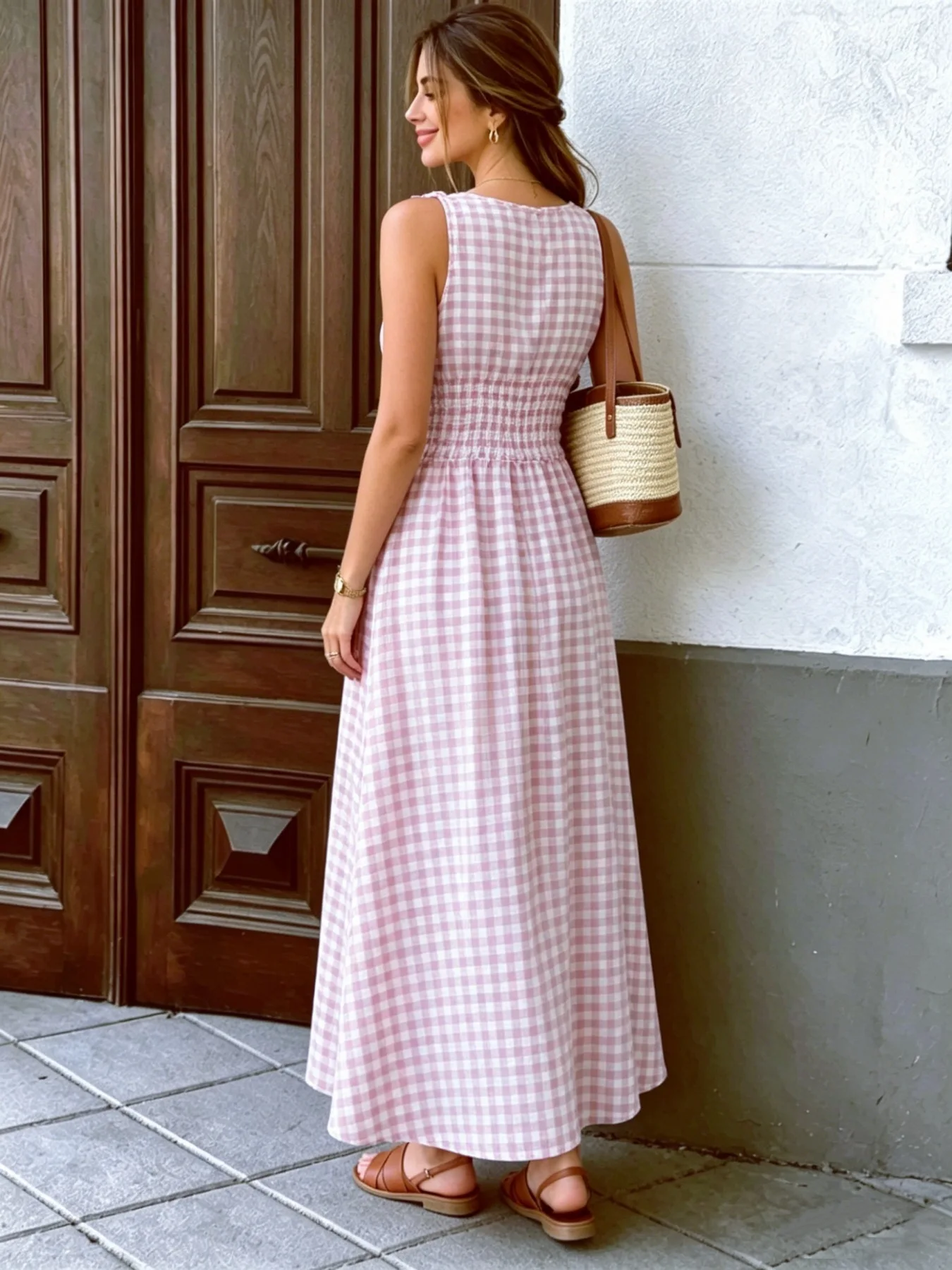 Sommermode Neuer Stil Frischer Ins-Stil Vielseitiges Gittermuster Taillenzugband Langes Kleid – Detail 2