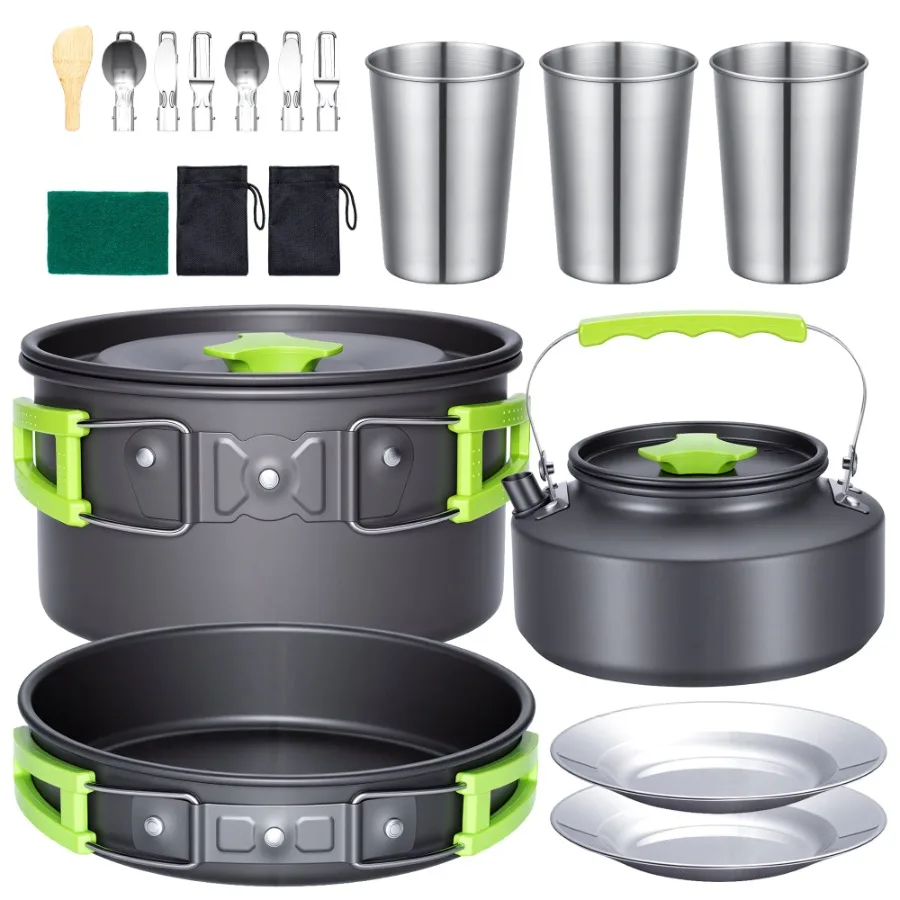 

20pcs Camping Cookware Mess Kit, Non-Stick Pot Pan Kettle Set with Stainless Steel Cups Plates Cutlery for Outdoor Camping Hiki